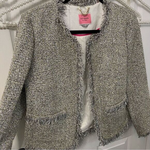 Kate Spade Gray Tweed Metallic Blazer with Fringe Trim - Picture 4 of 11